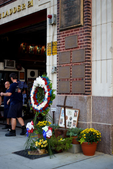 The flower arrangements at the Engine 34/Ladder 21 firehouse
