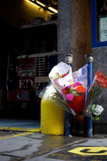 The flower arrangements at the Rescue 1 firehouse