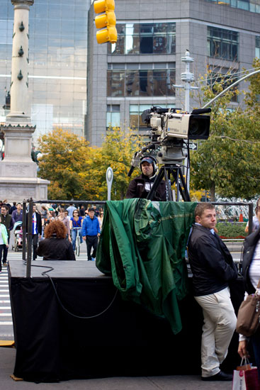 Film crews for the marathon at Columbus Circle