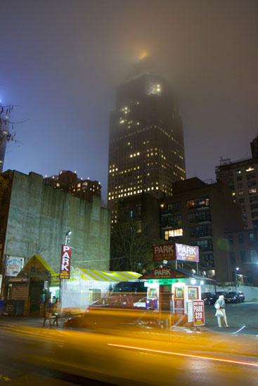 The Worldwide Plaza tower partially obscured by fog