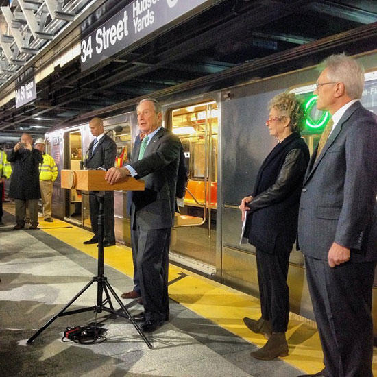 Mayor Bloomberg giving an address at the future 34th St-Hudson Yards station