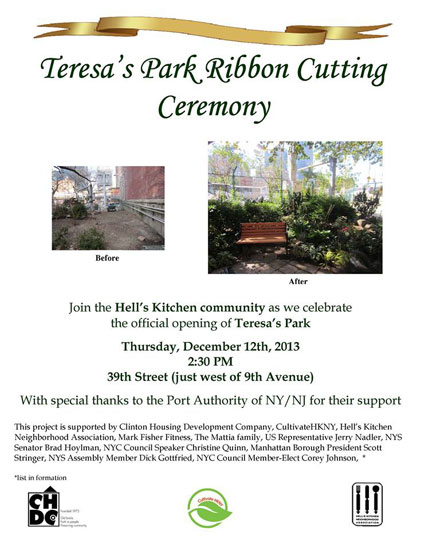 The flyer for the ribbon cutting ceremony at Teresa's Park