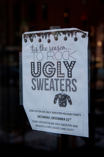 The flyer for the Ugly Sweaters Party at Mickey Spillane's
