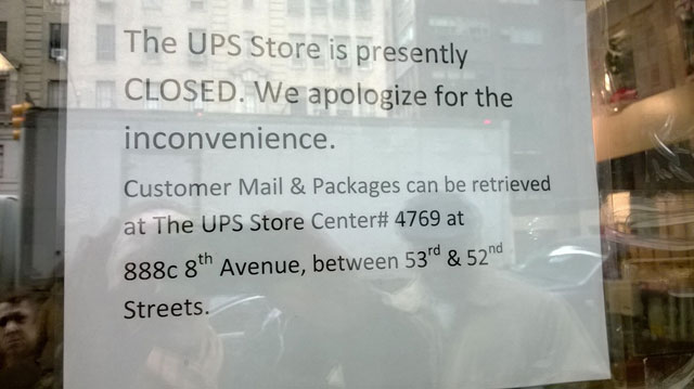 A notice about the location to pickup mail at the closed UPS Store
