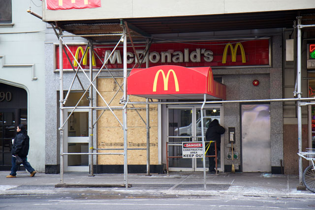 The exterior of the closed McDonalds after the fire