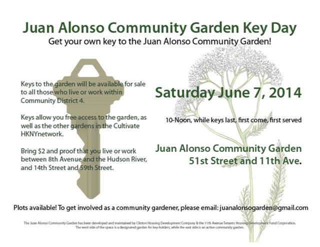 The flyer for the key day at Juan Alonso Community Garden