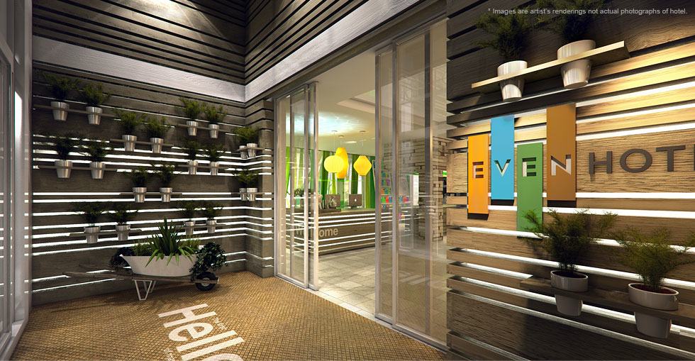 A concept rendering of the entrance to an EVEN Hotel building