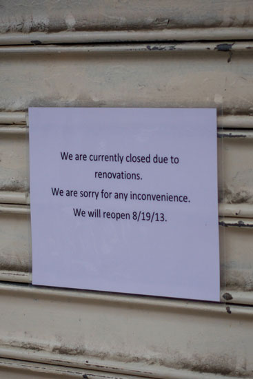 The renovations closure sign at Claw